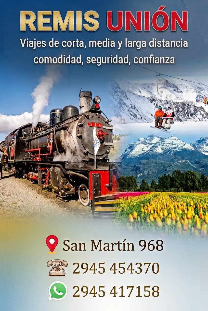 Folleto de Remis Unión con La Trochita, tulipanes, nieve y montañas